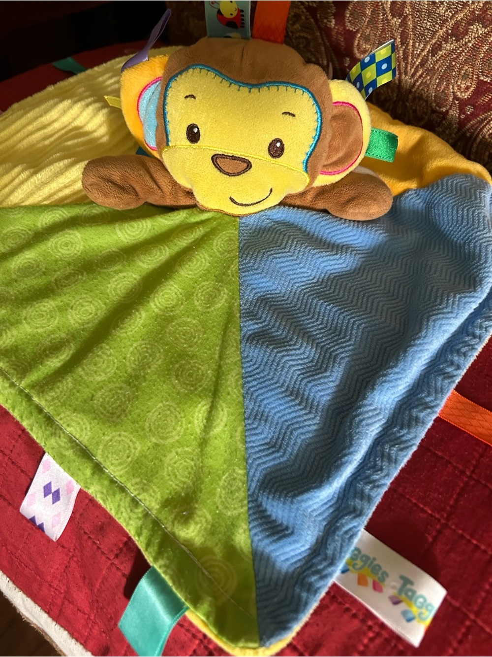 Baggies sensory Plush Monkey Tag Blanket - Yellow, Green & Blue Comfort Toy